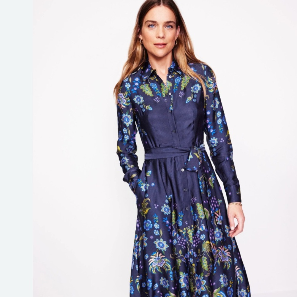 Boden Kate Satin Shirt Dress Floral Print Navy Blue Size 6R